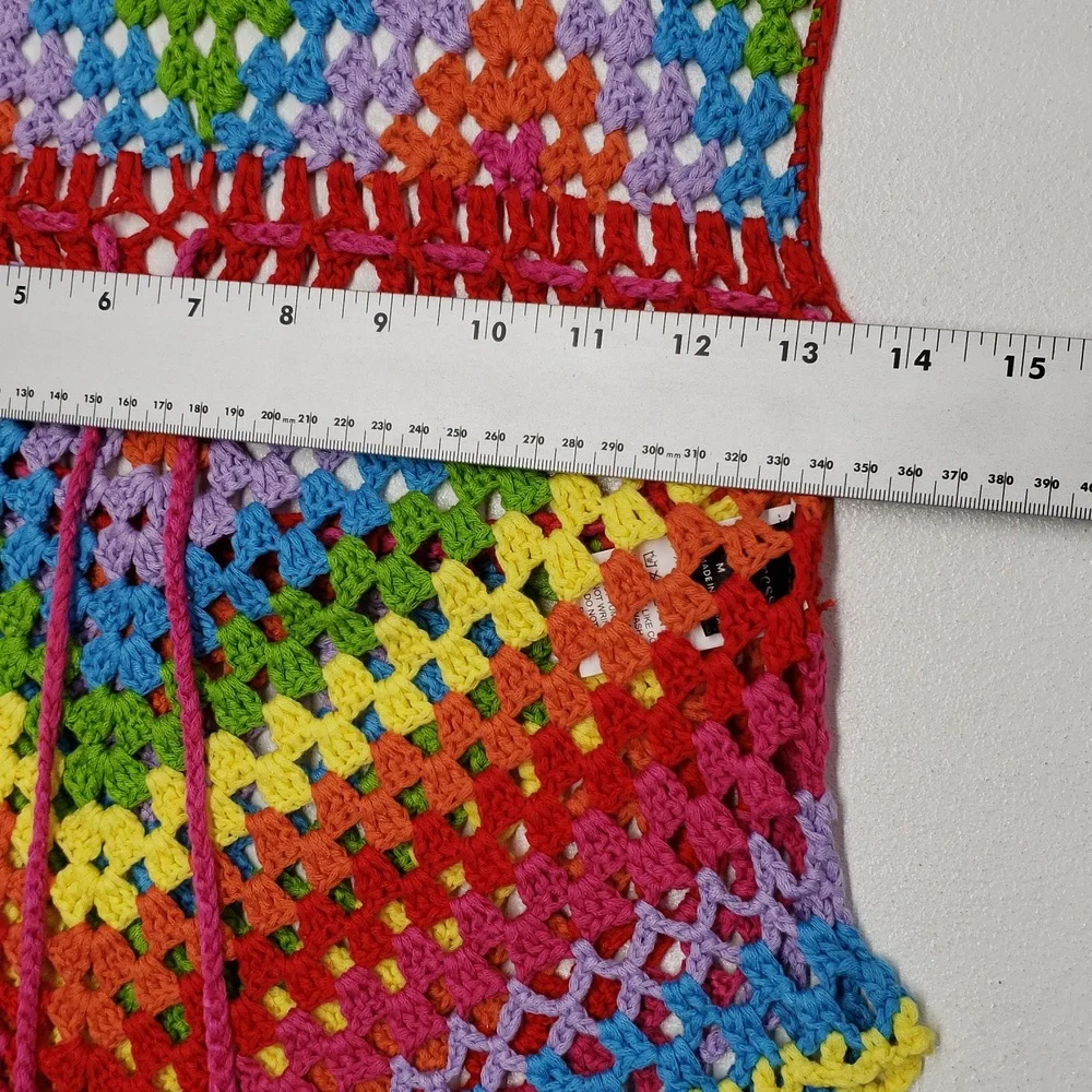 Color Block Open Knit Tassel Tie Backless Knot Waist Cami Romper Women's Size 6 - Picture 11 of 13